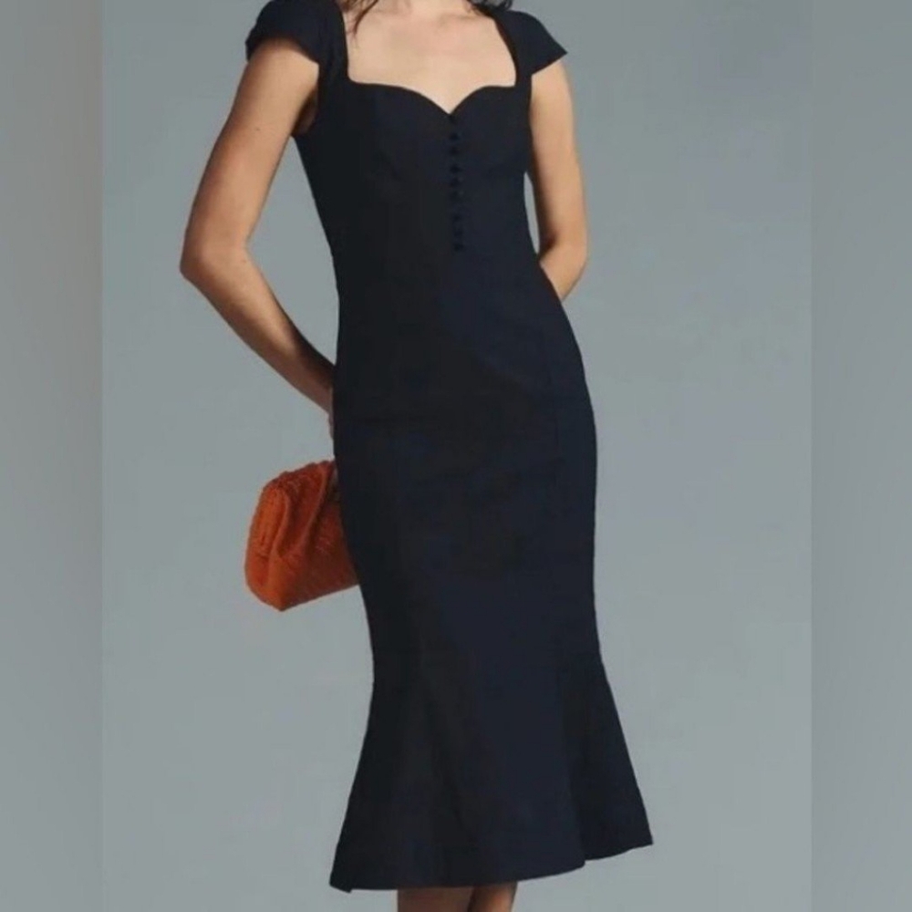 Anthropologie The Cecily Women's Black Cap Sleeves Fit & Flare Midi Dress L NWT‎